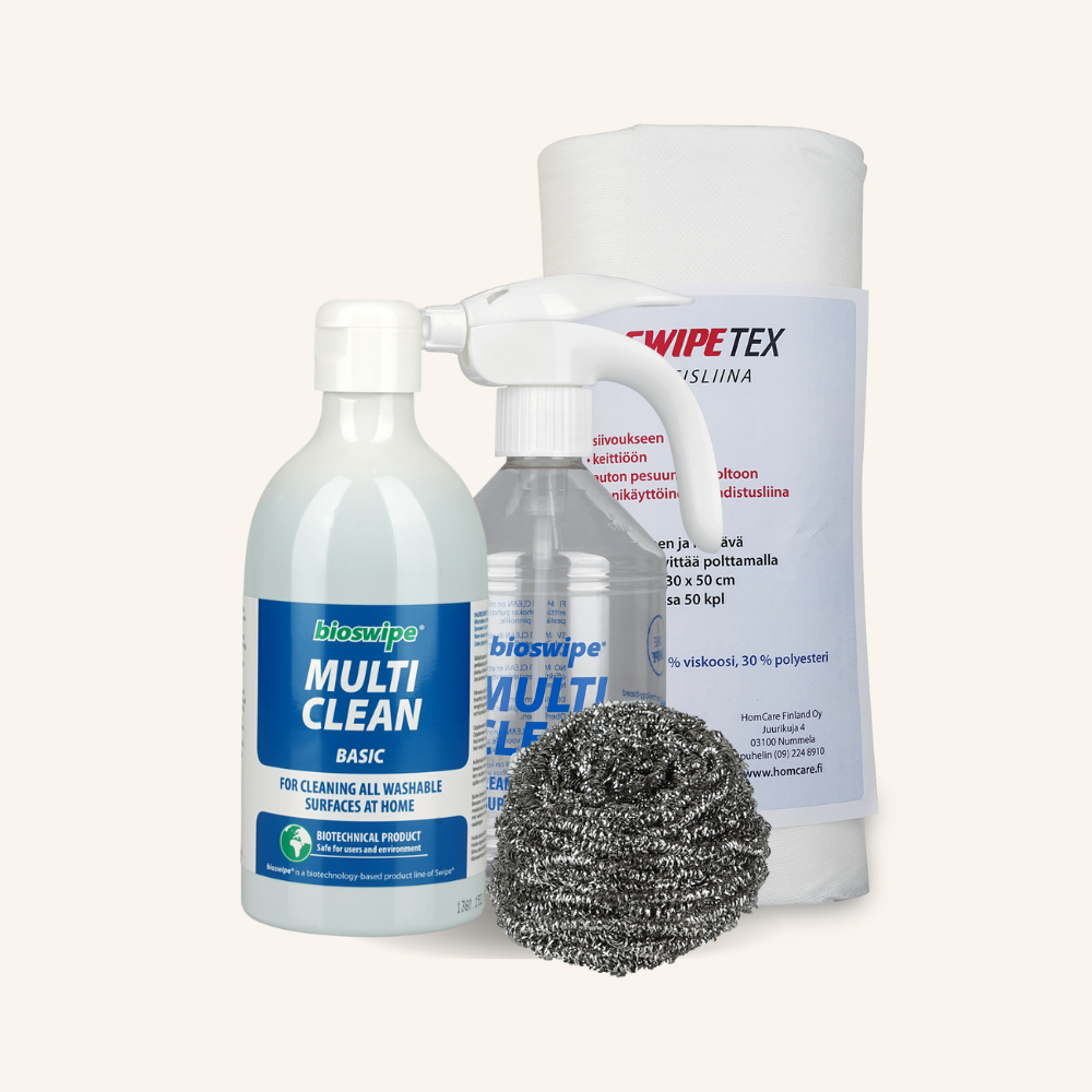 Terassin siivouspaketti BIOSWIPE (sis. Multi Clean + sumutinpullo, Swipetex-liinapaketti ja Bou Boul hankausvilla)